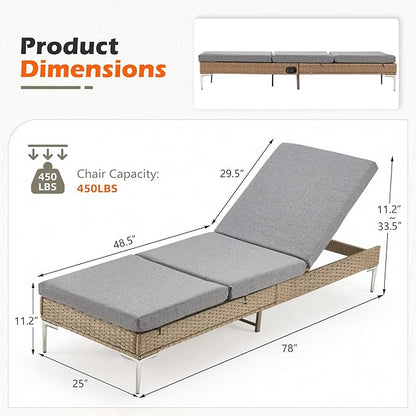 HOMREST Outdoor Chaise Lounge Chair Set of 2, Rattan Pool Sunbathing Recliner with Adjustable Backrest, Patio Wicker Lounge Chairs with Removable Cushion (Grey)