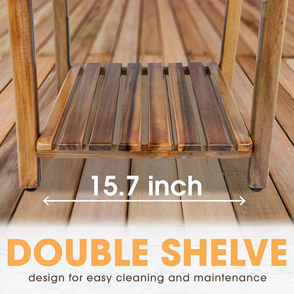 ENKEZI Acacia 24 Inches Outdoor Side Table, 2-Tier Sturdy Patio, End Table Weather Resistant, Strong Stability Side Table for Patio, Pool, Porch, Teak Finish (Modern Brown)