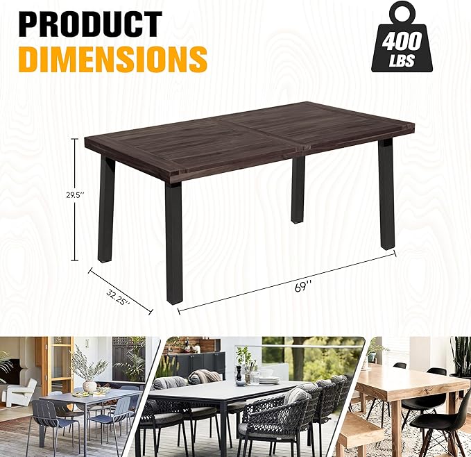 Flamaker Dining Table for 6 FSC Acacia Wood Indoor Outdoor Home Kitchen Table with Iron Legs Large Rectangular Patio - Photo 2