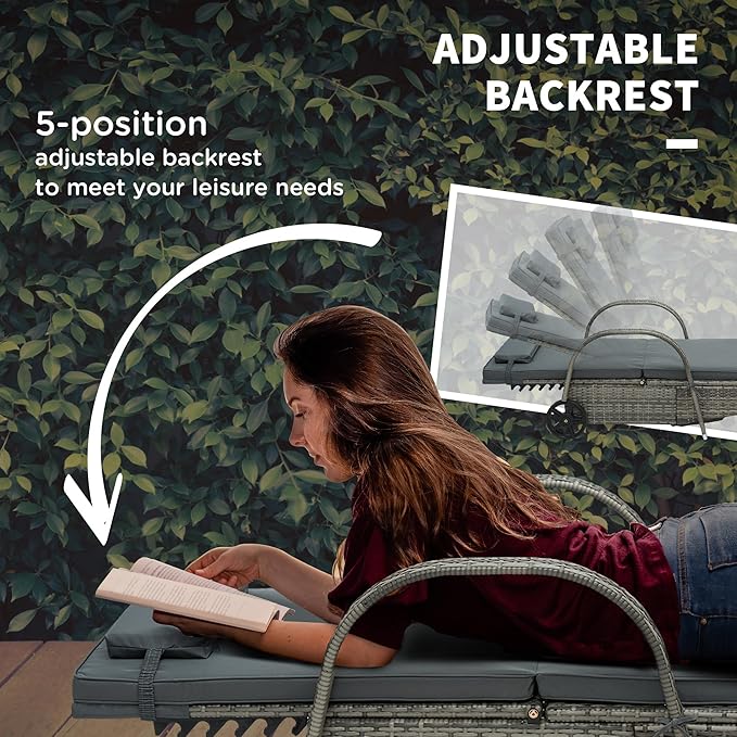 Outsunny Wicker Outdoor Chaise Lounge, 5-Level Adjustable Backrest PE Rattan Pool Lounge Chair with Wheels, Cushion & Headrest, Mixed Gray and Charcoal Black