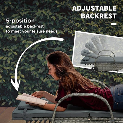 Outsunny Wicker Outdoor Chaise Lounge, 5-Level Adjustable Backrest PE Rattan Pool Lounge Chair with Wheels, Cushion & Headrest, Mixed Gray and Charcoal Black