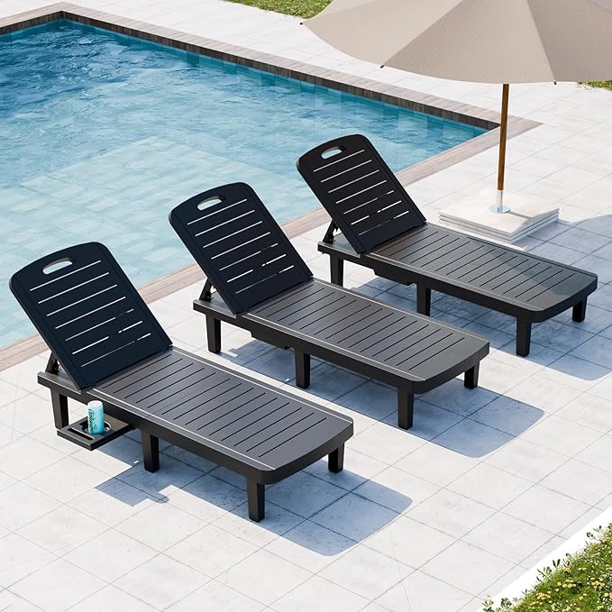 Outdoor Chaise Lounge Set of 3, Waterproof Resin Lounge Chairs for Outside w/Adjustable 5 Positions All Weather Recliner Chair for Patio, Poolside, Beach, Yard, Black
