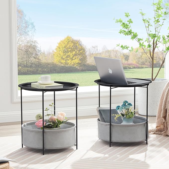 VECELO Round Side/End Table with Fabric Storage Basket，Metal Anti-Rust and Waterproof Small Bedside Nightstand with - Photo 5