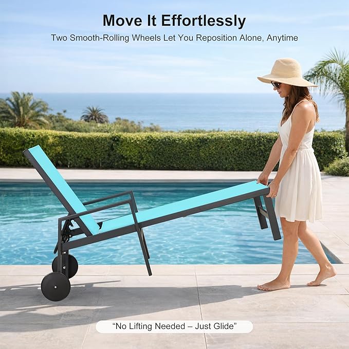 PURPLE LEAF Patio Chaise Lounge 4 Pieces Aluminum Recliner Chair with Wheels and Armrests Lounger for Deck Pool Turquoise Blue Outdoor Lounge Chair