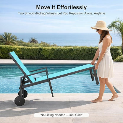 PURPLE LEAF 2 Pieces Outdoor Chaise Lounge Aluminum Patio Lounge Chair with Wheels and Armrests Outdoor Lounge Recliner Chair for Pool Backyard Beach Turquoise Blue