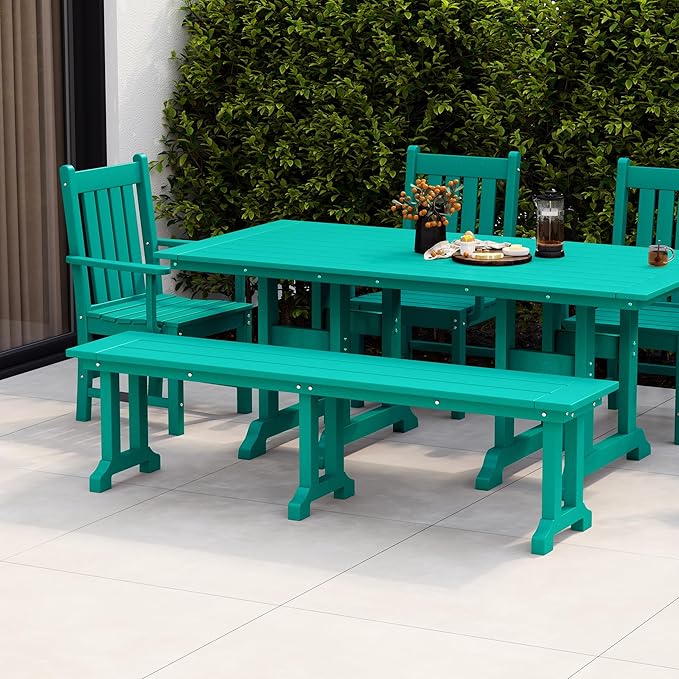 WestinTrends Malibu 65" Outdoor Dining Bench, All Weather Resistant Poly Lumber Patio Garden Bench Trestle Long Bench for Both Outdoor and Indoor, Turquoise