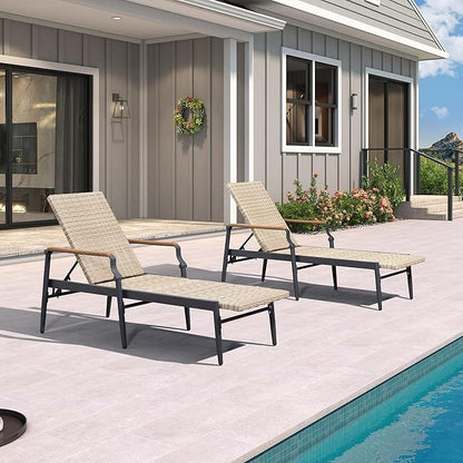 PURPLE LEAF Outdoor Chaise Lounge Chair Set of 2 Patio Pool Lounger Wicker Chairs with Wooden Armrest Sunbathing Tanning Recliner for Pool Backyard Garden Beige