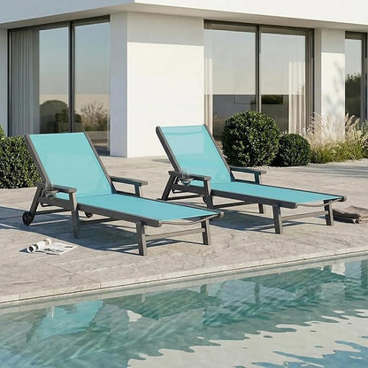 Patio Chaise Lounge Chair with Wheels & Cup Holder, HDPE Textilene Outdoor Lounge Chair 5 Positions Adjustable for Poolside Deck Patio Backyard (2, Grey Frame, Lake Blue Textilene)