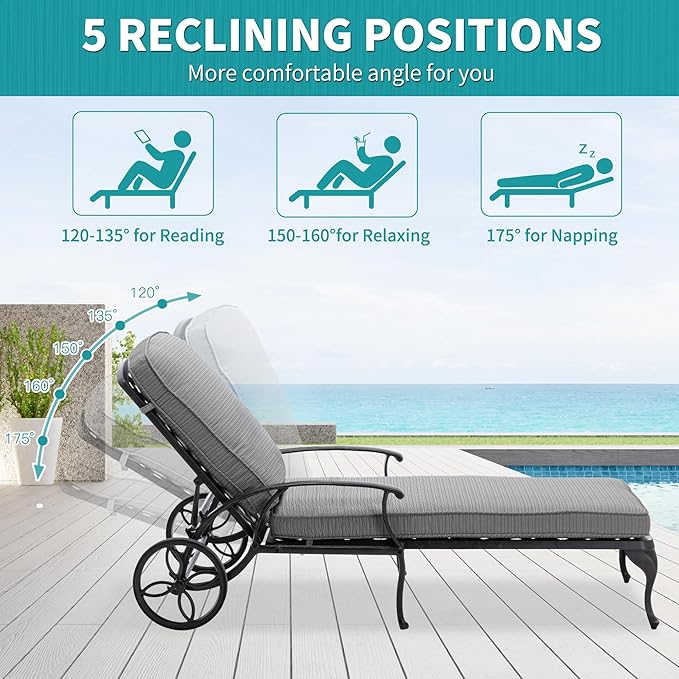 HOMEFUN Chaise Lounge Chair Outdoor - Poolside Chairs Set of 2 with Cushion Cast Aluminum Waterproof Lounger with Wheels and Adjustable Reclining, Pack of 2 (Gray Cushion)
