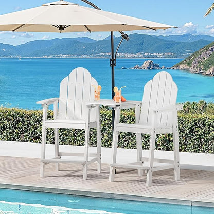 LUE BONA Tall Adirondack Chair Set of 2, All Weather HDPS Bar Height Adirondack Chair with Detachable Table & Umbrella Hole, Adirondack Barstools for Patio, Deck, Backyard & Commercial Use White