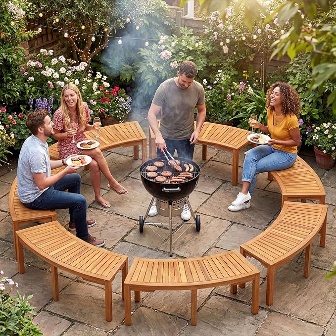 Tangkula Outdoor Curved Bench, Acacia Wood Fire Pit Bench w/Slatted Seat, Patio Backless 2-Person Seating for Porch, Yard, Garden, 800 LBS Max Load, Oil Painted (4, 45")