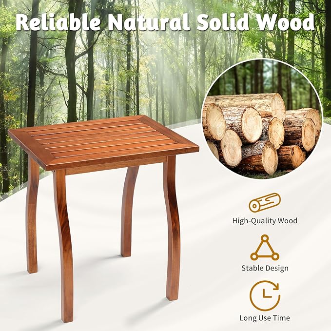 Outvita Outdoor Side Table, Acacia Wooden End Table Small Coffee Table for Patio Balcony Garden Living Room Bedroom Sturdy (Striped Tabletop- Curved Legs)