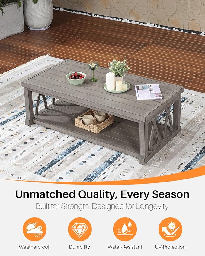 Aluminum Outdoor Coffee Table, 46" Rectangular Patio Coffee Table with Double Storage, Waterproof Aluminum Patio Furniture Tables with Adjustable Feet for Garden, Deck, Porch, Limed Oak