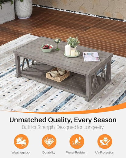 Aluminum Outdoor Coffee Table, 46" Rectangular Patio Coffee Table with Double Storage, Waterproof Aluminum Patio Furniture Tables with Adjustable Feet for Garden, Deck, Porch, Limed Oak