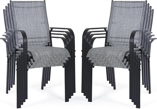 Patio Chairs Set of 8, Outdoor Dining Chairs High Back, All-Weather Padded Textilene Chair for Lawn Porch Garden,Grey(8 PCS)