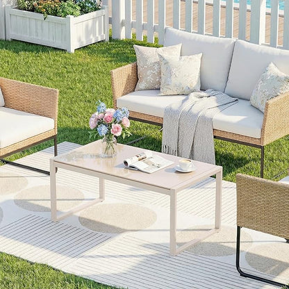 ONBRILL Rectangle Coffee Table with Tempered Glass Desktop, Galvanized Frame Outdoor Coffee Table with Adjustable Feet for Patio, Balcony, Deck, Living Room, Sand