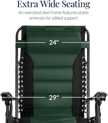 Best Choice Products Oversized Padded Zero Gravity Chair, Folding Outdoor Patio Recliner, XL Anti Gravity Lounger for Backyard w/Headrest, Cup Holder, Side Tray, Polyester Mesh - Forest Green