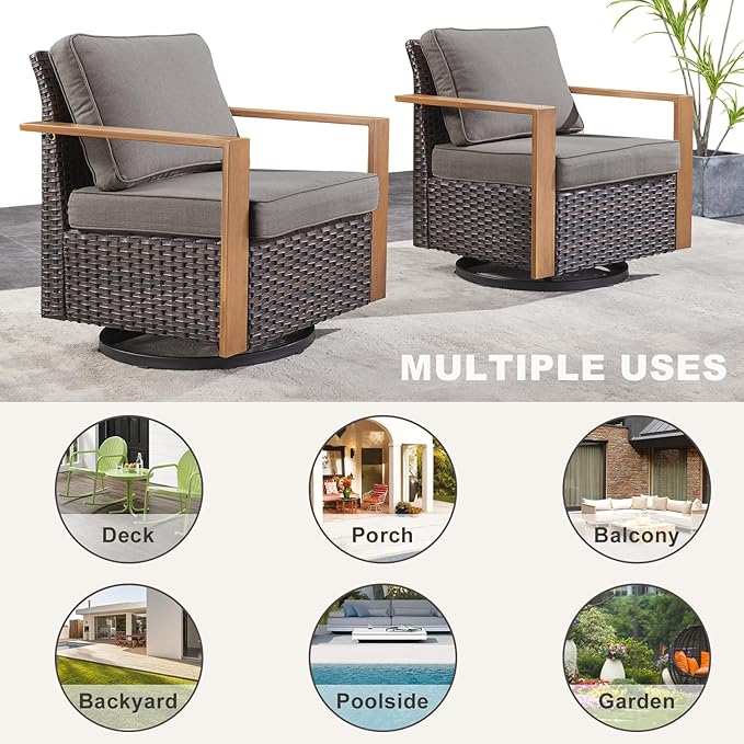 Rilyson Outdoor Patio Swivel Rocker Chairs - Wicker Rattan Patio Swivel Rocking Chairs Set of 2 with Metal Wide Armrest, Thick Cushions and Deep Seating for Deck Porch Sunroom Garden(Brown/Grey)
