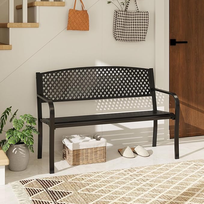 Giantex Metal Outdoor Bench with Mesh Pattern Backrest, Curved Armrests, Load 660Lbs, Slatted Seat for 2-3 Persons, Heavy-Duty Garden Bench for Patio, Backyard, Poolside, Porch, Park (50"×24"×33.5")