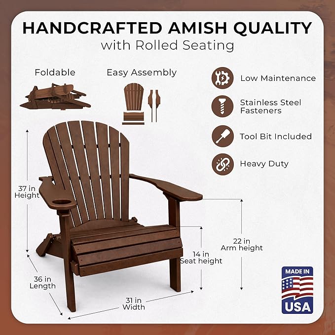 Ecommersify Folding Adirondack Chair with Cup Holder - (Tudor Brown) - Heavy Duty Recycled Poly Lumber Folding Chair - Amish Crafted Outdoor Furniture - Made in USA