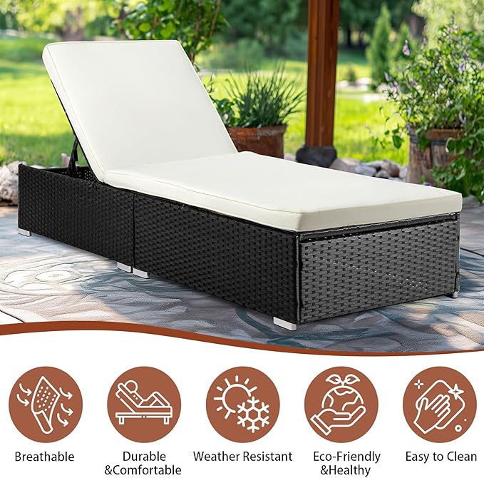 VINGLI Outdoor Chaise Lounge, Wicker Recliner w/Adjustable Backrest, Thick Water Repellent Cushions, Patio Rattan Lounge Chairs for Lawn, Beach, Balcony, Poolside (Black)