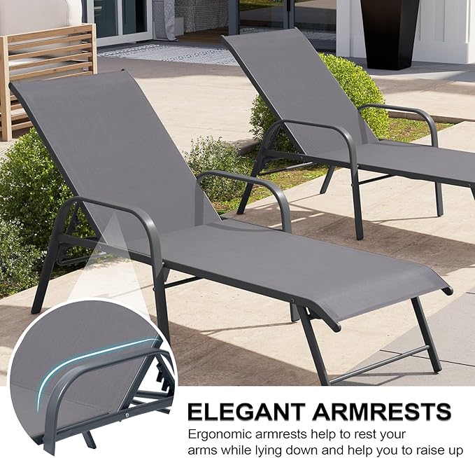 Crestlive Products Chaise Lounge Chair Outdoor with Armrests, Pool Lounge Chairs Set of 2, Aluminum Adjustable 5 Positions Sun Tanning Lounger for Patio, Poolside, Yard, Deck, Backyard (Grey)