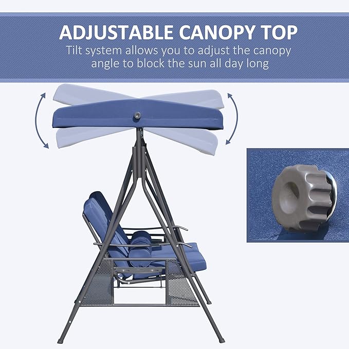 Outsunny 2-Person Patio Swing Bench with Adjustable Shade Canopy, Soft Cushions, Throw Pillows and Tray, Dark Blue