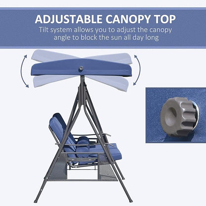 Outsunny 2-Person Patio Swing Bench with Adjustable Shade Canopy, Soft Cushions, Throw Pillows and Tray, Dark Blue