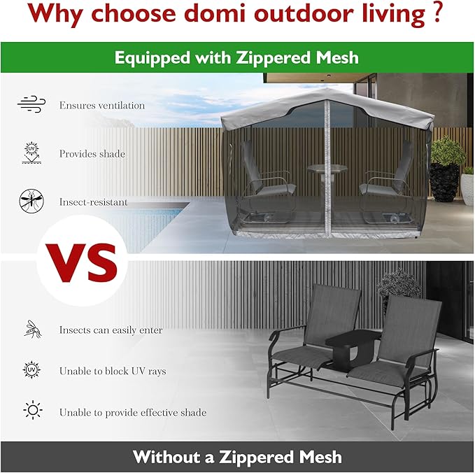 Domi 4-Seat Outdoor Glider Bench with Canopy, 800lbs Capacity Aluminum Rocking Chair with Zippered Mesh & Tempered Glass Table, Heavy Duty Outdoor Swing Chair for Patio, Backyard, Poolside