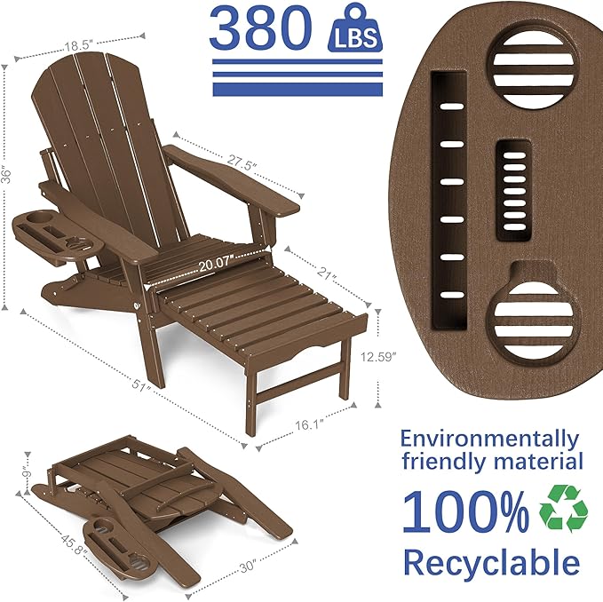 FOOWIN Adirondack Chair with Retractable Ottoman,HDPE Folding Adjustable Adirondack Chair w/4 in 1 Cup Holder Trays,All-Weather Resistant Fire Pit Chair for Outdoor Patio Lawn Set of 4