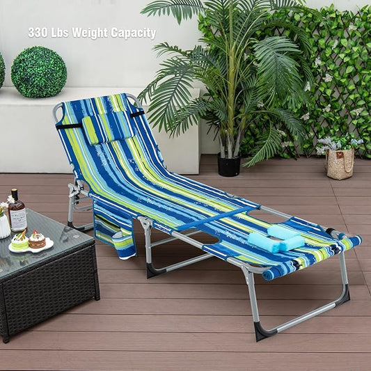 Giantex Tanning Chair, 330Lbs Patio Lounge Chair with 5 Adjustable Position, Face & Arm Hole, Hand/Shoulder Strap, Removable Pillow, Side Pocket, Chaise Lounger for Beach Sunbathing Outdoor, Stripe