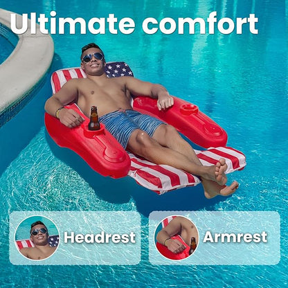 XtremepowerUS USA Patriotic Floating Chaise Pool Lounger Headrest Padded Large Lounge, Backrest, Footrest & Cupholder for Adults (American Flag)