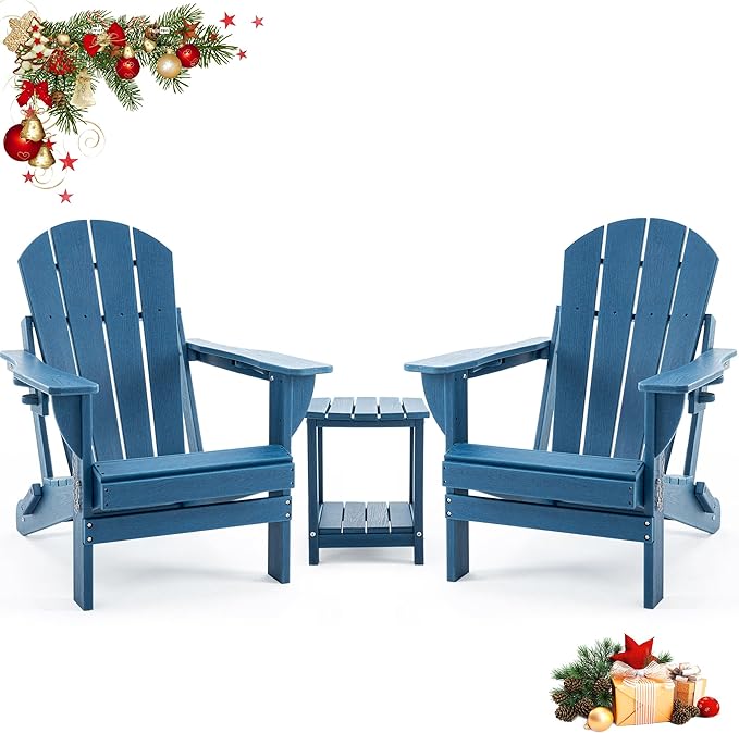 Folding Outdoor Adirondack Chairs Set of 2 with HDPE Side Tables-Plastic Weather Resistant Patio Chairs with Small Outdoor Side Tables 2 Storage for Patio,Fire Pit, Garden and Backyard