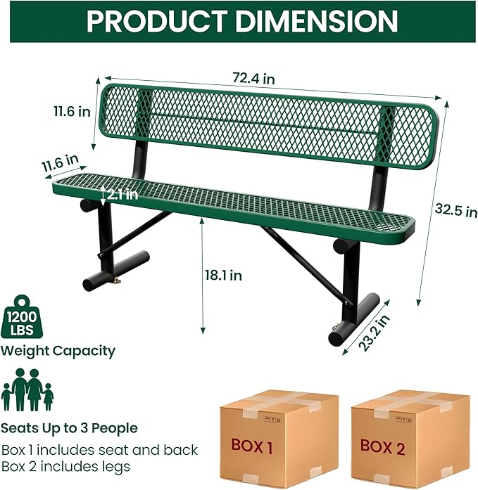 6 Feet Steel Park Bench for Outside, Outdoor Bench with Backrest & Portable Frame, Commercial Benches for Shopping Malls, Stores, Parks, Patios, Decks, Green