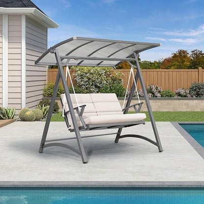 PURPLE LEAF Porch Swing 2 Person Patio Swing Chair with PVC Canopy Outdoor Deluxe Modern Yard Hammock Swinging Chairs w/Solar LED Light and Cushions for Backyard Glider Outside Loveseat Bench