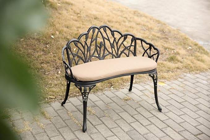 Tulip Patio Garden Bench Metal Park Bench Cast Aluminum Outdoor Furniture with Floral Rose for Patio,Park,Lawn,Yard Black Withe Cushion