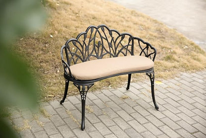 Tulip Patio Garden Bench Metal Park Bench Cast Aluminum Outdoor Furniture with Floral Rose for Patio,Park,Lawn,Yard Black Withe Cushion