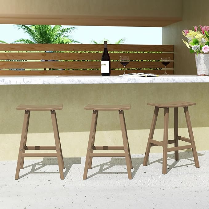 Costaelm All-Weather Bar Stools Set of 3, 29" Height Outdoor Bar Stools, Adirondack Poly Patio Bar Stool for Patio, Deck, Kitchen Counter and Garden, Weathered Wood