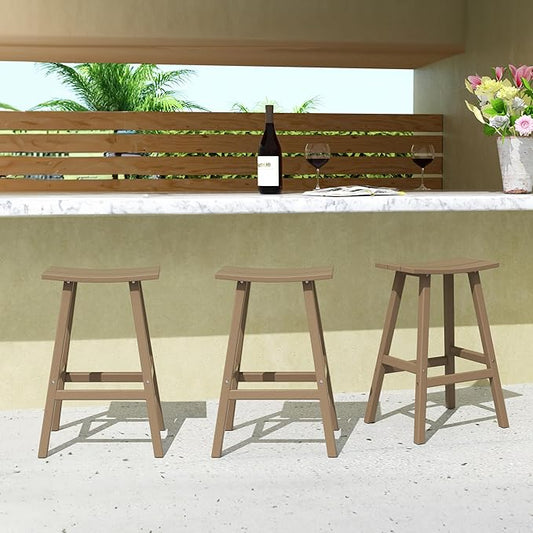 Costaelm All-Weather Bar Stools Set of 3, 29" Height Outdoor Bar Stools, Adirondack Poly Patio Bar Stool for Patio, Deck, Kitchen Counter and Garden, Weathered Wood