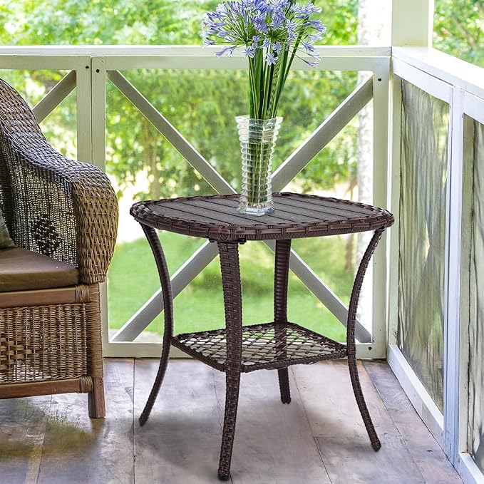 Outdoor Patio Side Table Small Brown Wicker Rattan End Table for Outside Storage Coffee Table with Poly Lumber Table - Photo 4