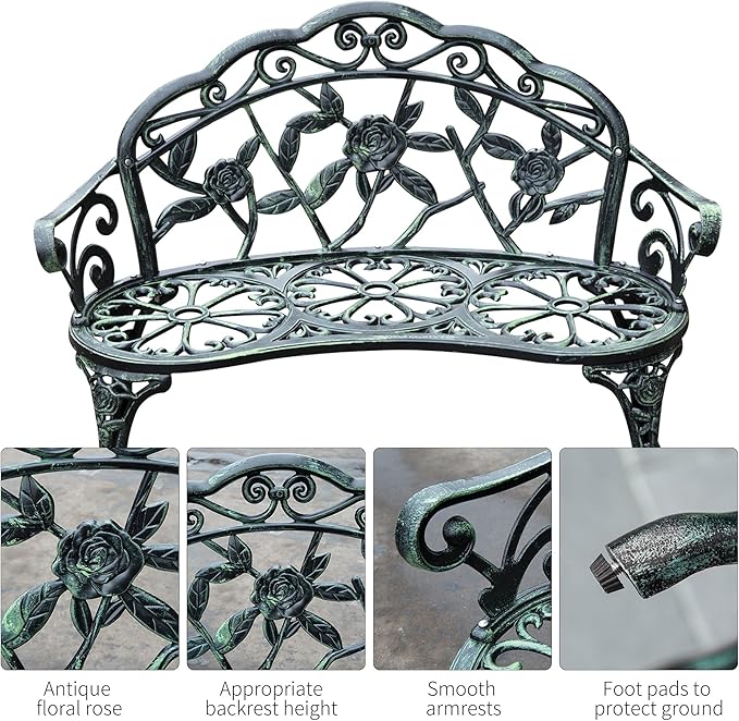 Green Metal Garden Bench, Outdoor Seating for Two, Patio Bench with Floral Accents, 46 Inch Wide