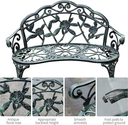 Outsunny Outdoor Bench, Cast Aluminum Outdoor Furniture, Metal Bench with Floral Rose Accent & Antique Finish, Green
