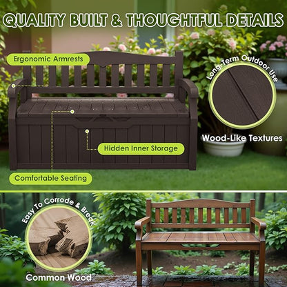 Greesum 80 Gallon Heavy-Duty Outdoor Storage Bench with Cushion, UV-Resistant Resin Bench with Armrest, Deck Box for Garden, Poolside, Patio, Dark Brown