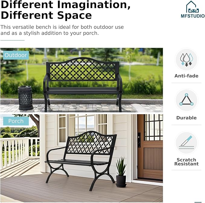 MFSTUDIO Outdoor Metal Bench Set of 2, 50" Black Outdoor Metal Garden Bench with Arch Legs, Cast Iron Frame Patio Furniture with E-Coating, Perfect for Porch and Yard