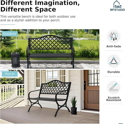 MFSTUDIO Outdoor Metal Bench Set of 2, 50" Black Outdoor Metal Garden Bench with Arch Legs, Cast Iron Frame Patio Furniture with E-Coating, Perfect for Porch and Yard