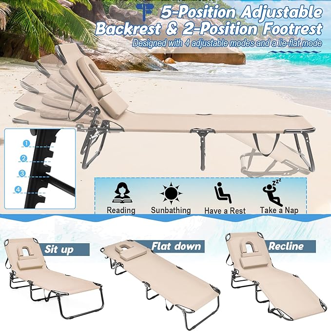 HAPPYGRILL 2PCS Foldable Chaise Lounge Chair with Face Hole & Detachable Pillows, Portable Sunbathing Tanning Chair with 5 Adjustable Positions, Outdoor & Indoor Beach Recliner for Camping Patio