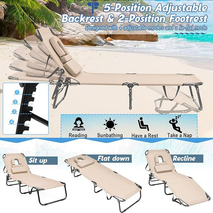 HAPPYGRILL Foldable Chaise Lounge Chair with Face Hole & Detachable Pillows, Portable Sunbathing Tanning Chair with 5 Adjustable Positions, Outdoor & Indoor Beach Recliner for Beach Camping Patio