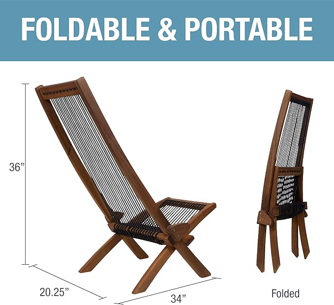 CleverMade Tamarack Folding Rope Chair - Foldable Outdoor Low Profile Wood Lounge Chair for the Patio, Backyard, and Deck, No Assembly Required
