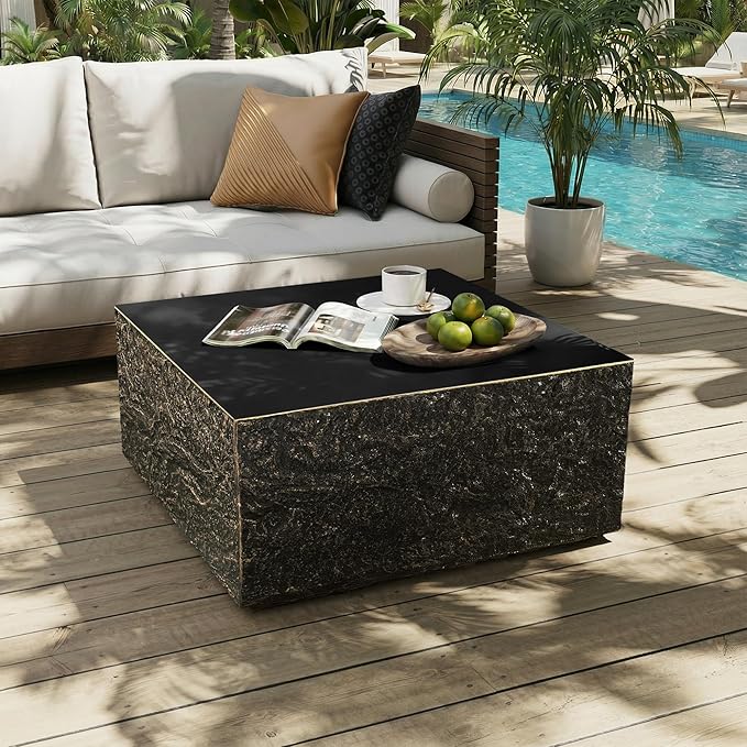 UPHA 28" Square Outdoor Coffee Table, Modern Hollow Concrete Patio Table, Small Minimalist Low Accent Table for Living Room, Balcony, Deck, Backyard, Bronze