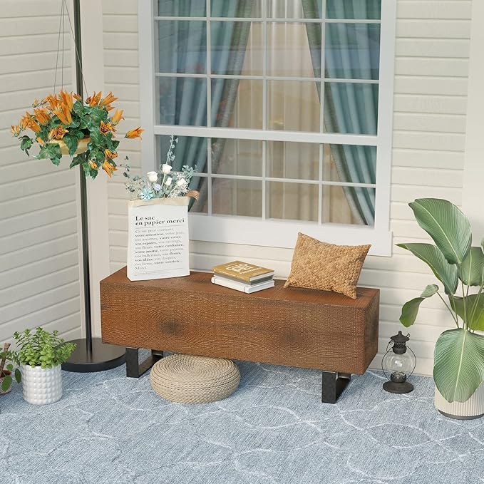 COSIEST Patio Log Bench, Rectangular MgO Garden Bench, 48.4 x 11.8” Outdoor Bench, Rustic Bench for Yard or Lawn(Color Walnut)